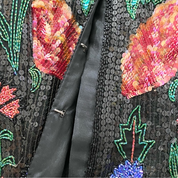 Vintage 80’s 90’s Abstract Floral Print Fully Beaded Sequined Blazer Jacket M - Picture 15 of 16